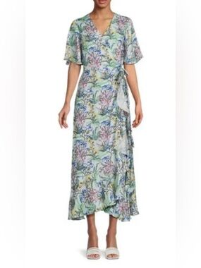 J McLaughlin Floral Wrap Dress Blue Silk Blend Midi Boho Cottagecore M